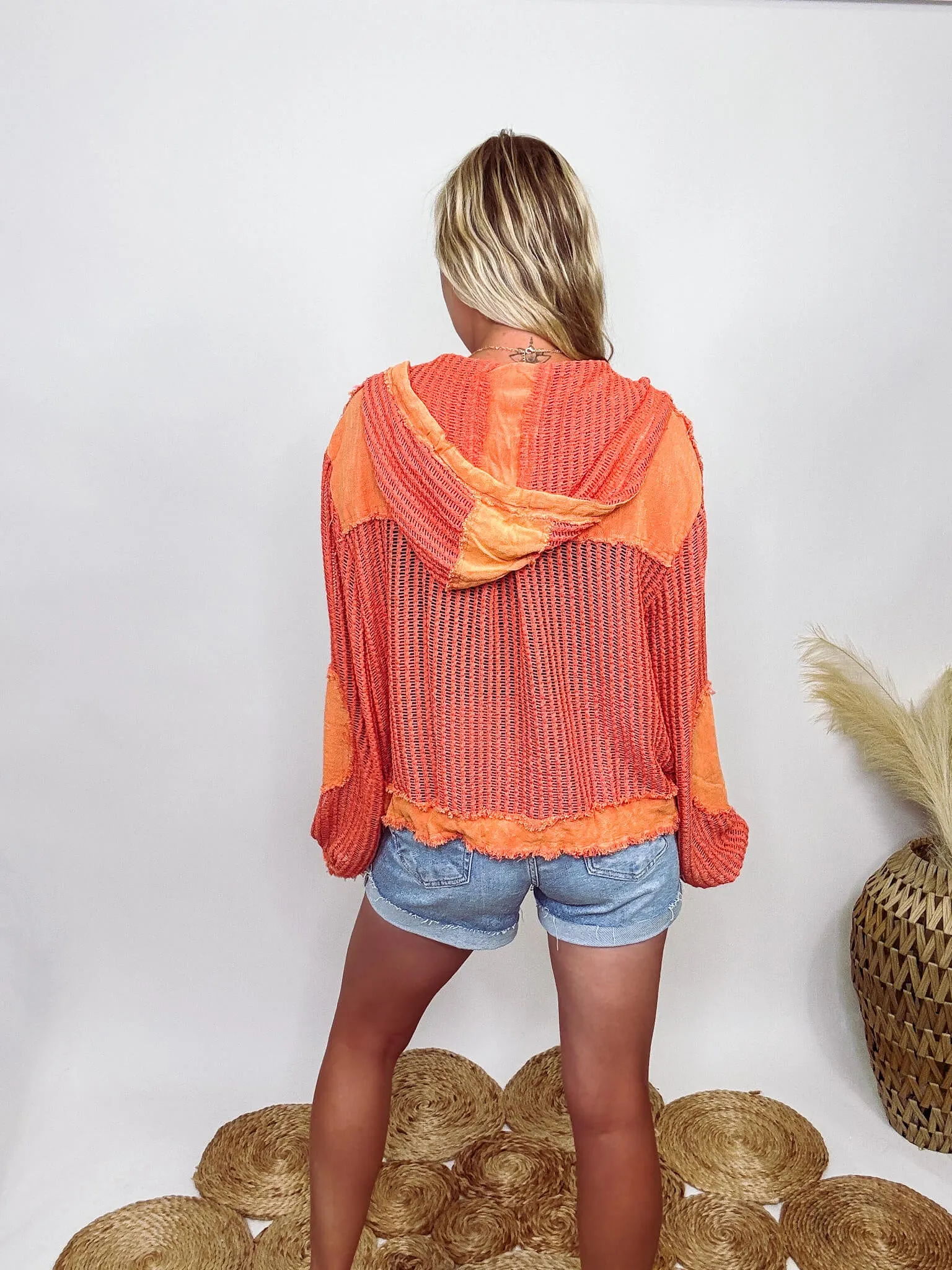 Coral Orange Long Sleeve Button Up Crochet Hoodie Jacket