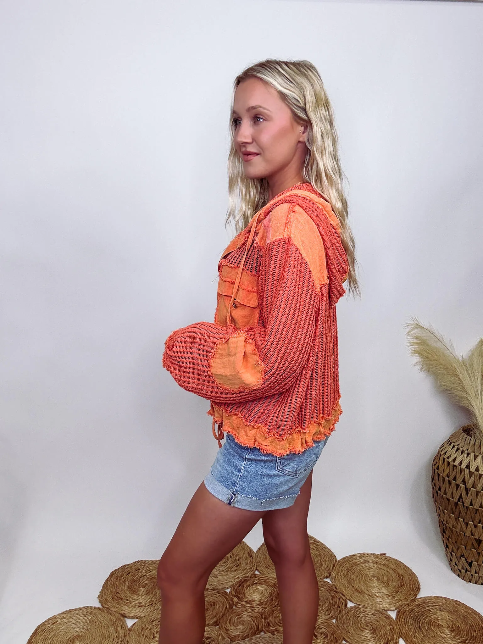 Coral Orange Long Sleeve Button Up Crochet Hoodie Jacket