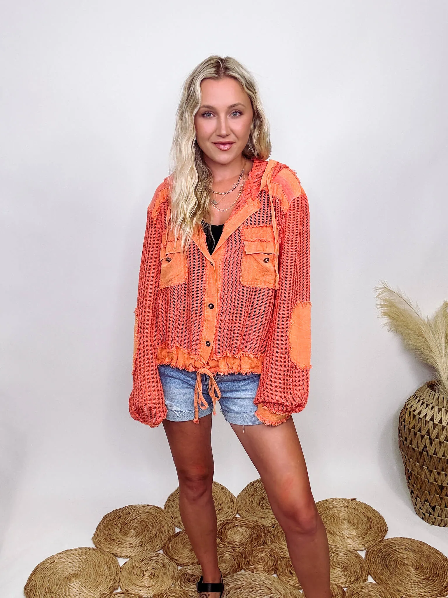 Coral Orange Long Sleeve Button Up Crochet Hoodie Jacket