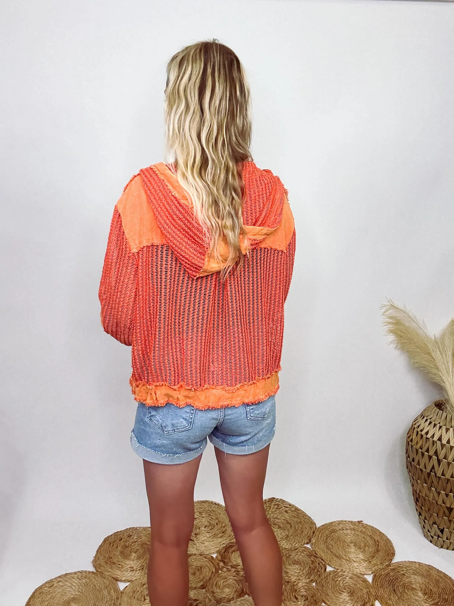 Coral Orange Long Sleeve Button Up Crochet Hoodie Jacket