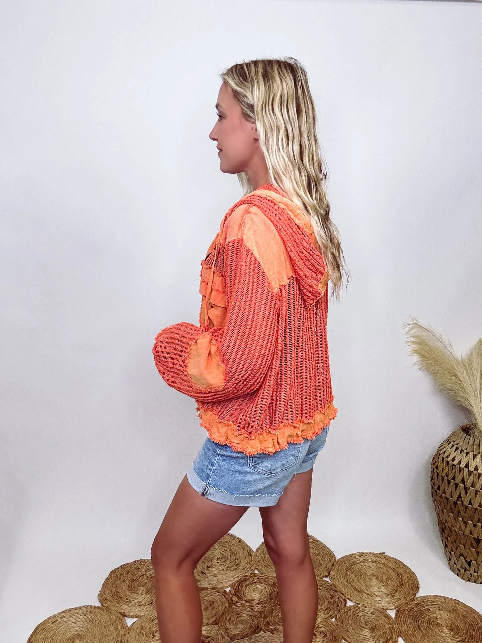 Coral Orange Long Sleeve Button Up Crochet Hoodie Jacket