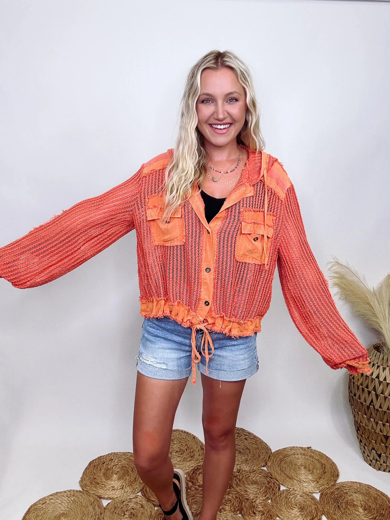 Coral Orange Long Sleeve Button Up Crochet Hoodie Jacket