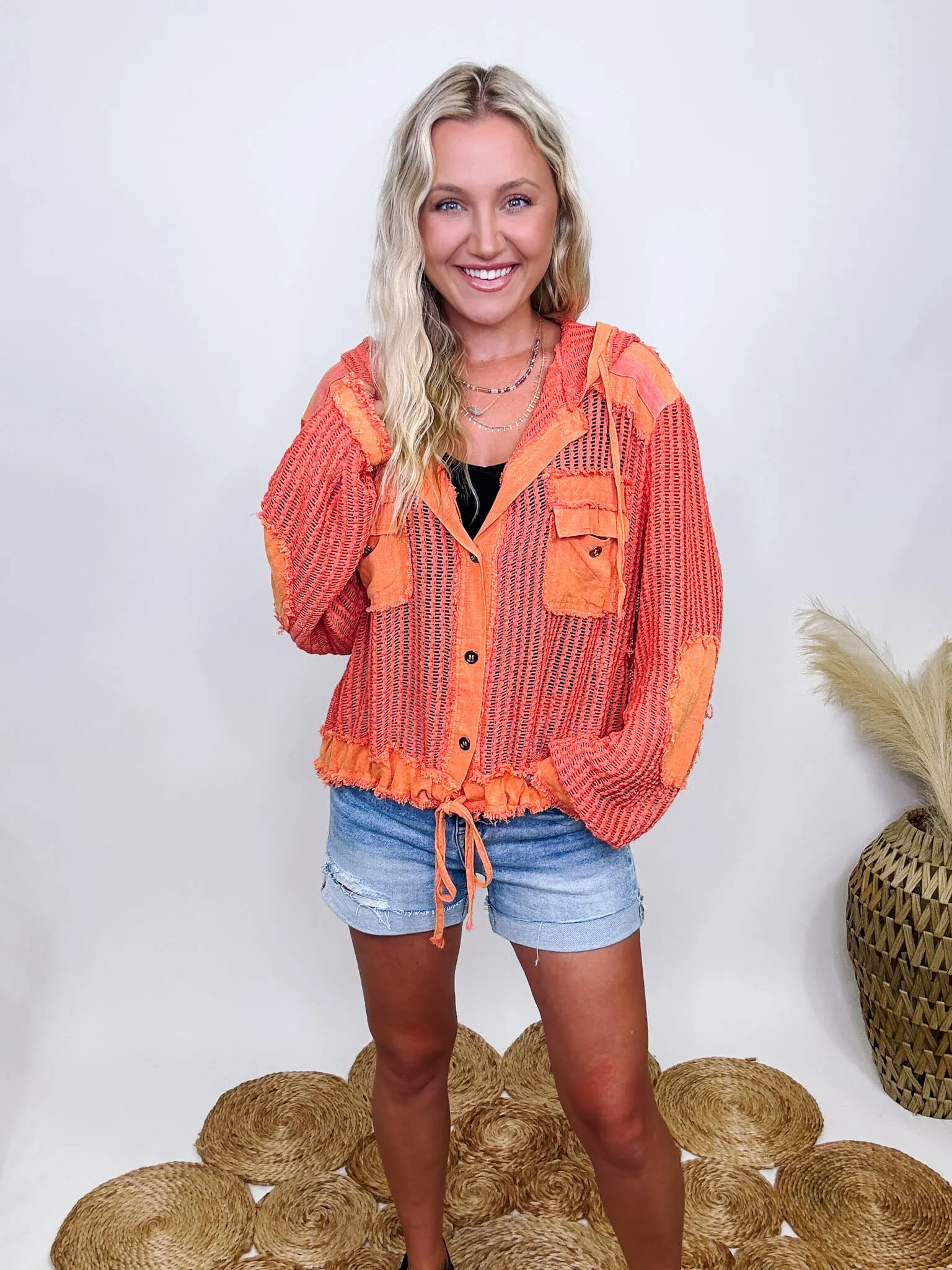 Coral Orange Long Sleeve Button Up Crochet Hoodie Jacket