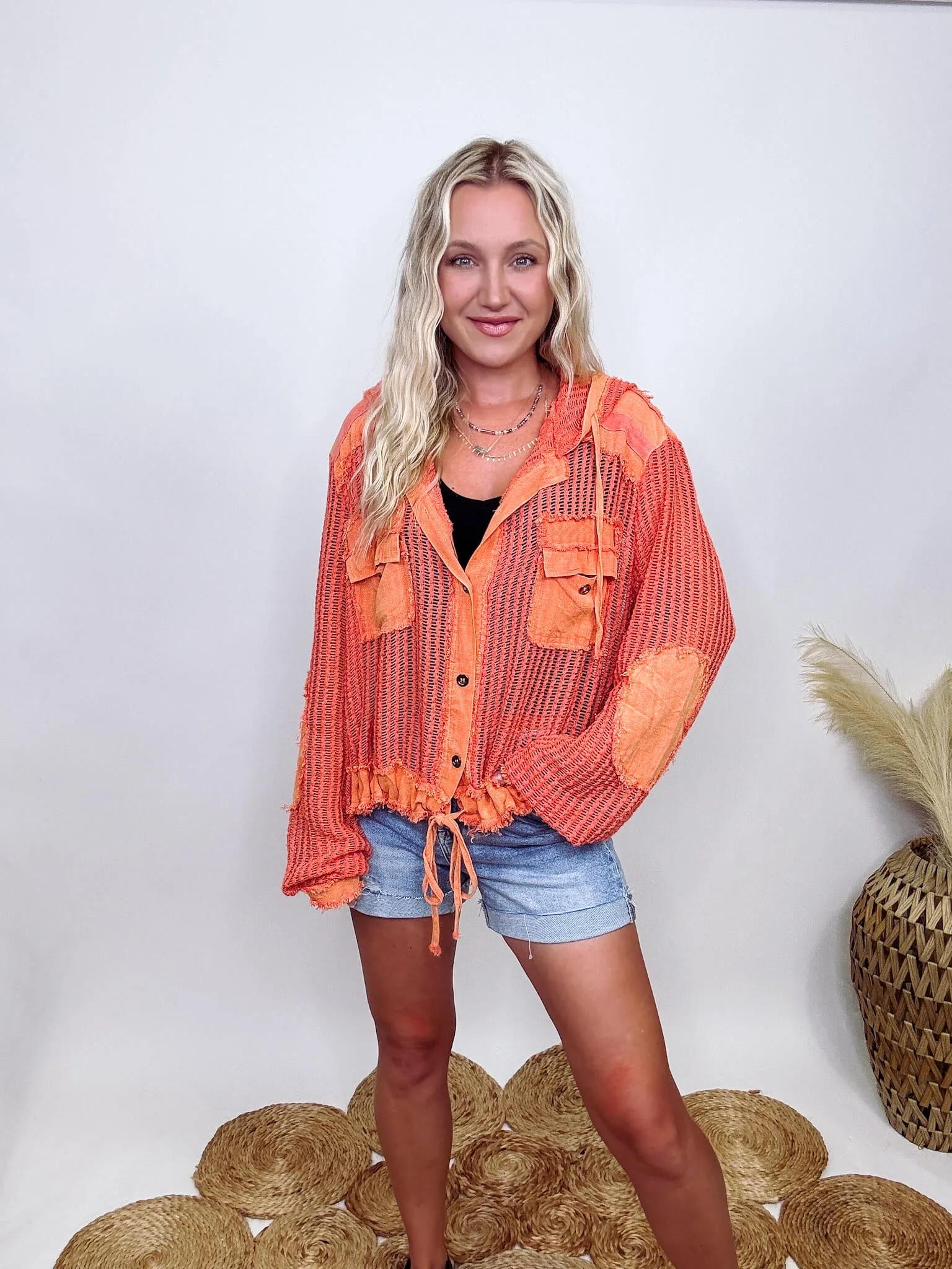 Coral Orange Long Sleeve Button Up Crochet Hoodie Jacket