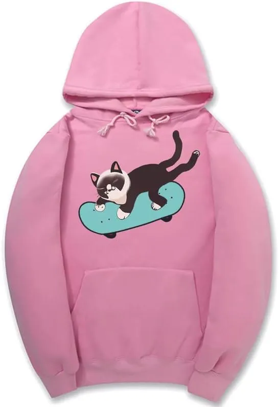 CORIRESHA Teen Cat Lovers Hoodie Skateboard Casual Long Sleeve Soft Sweatshirt With Kangaroo Pocket