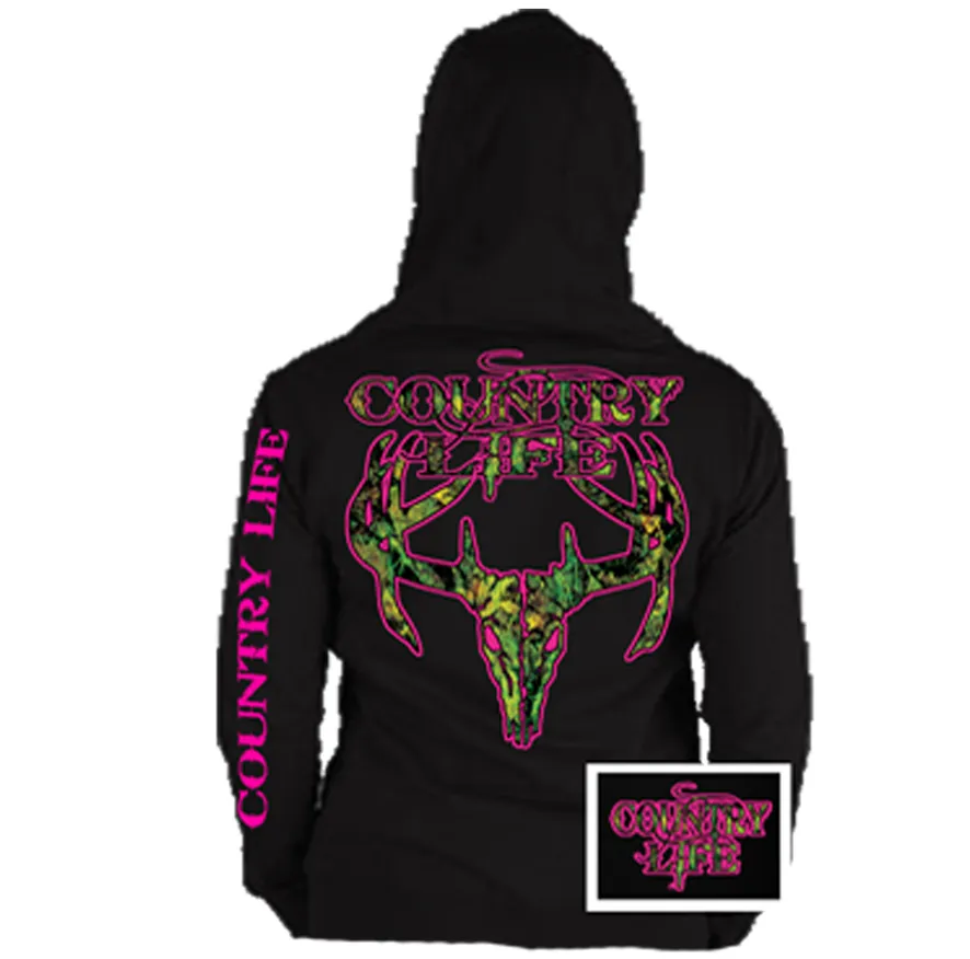 Country Life Outfitters Black & Pink Camo Realtree Deer Skull Head Hunt Vintage Hoodie