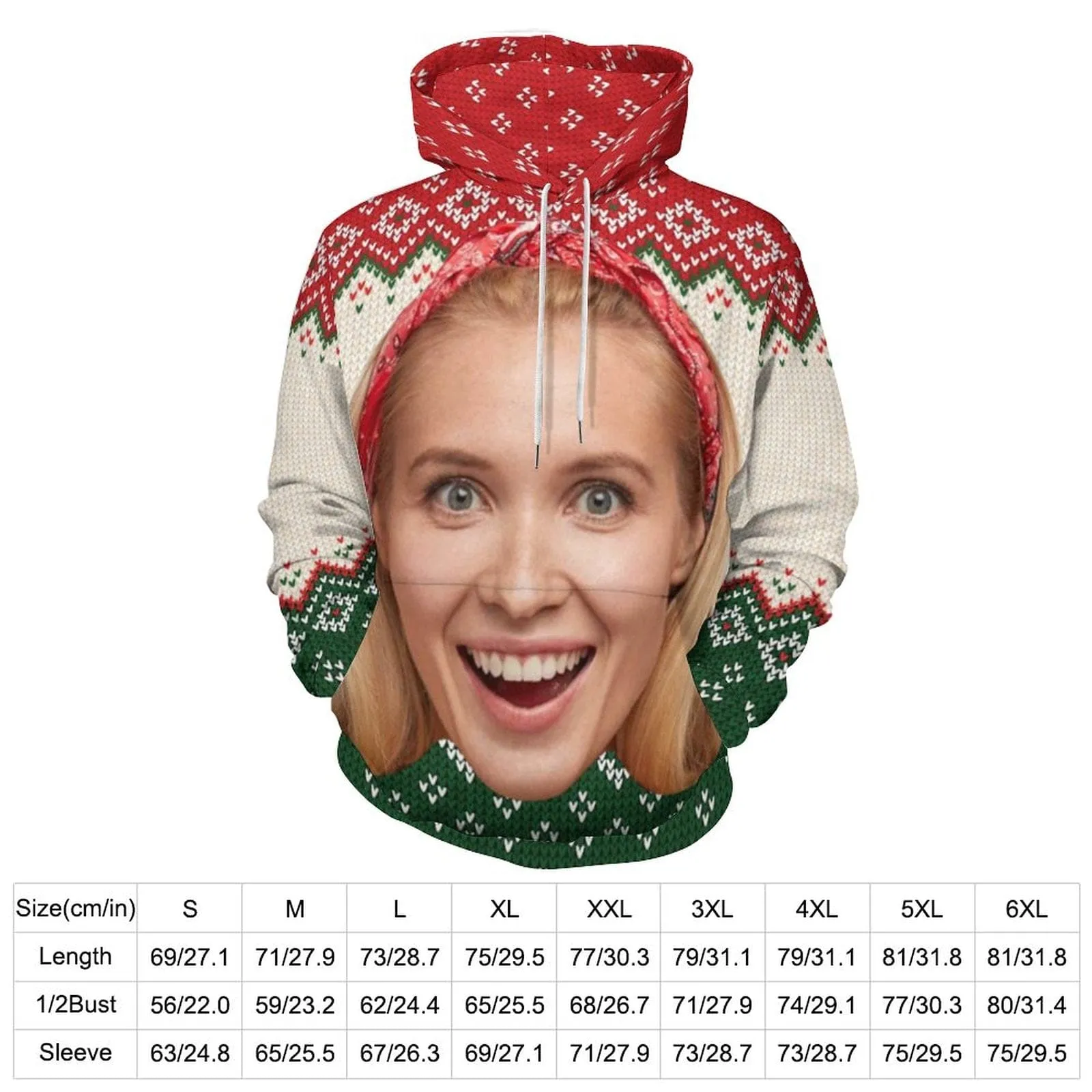 Custom Big Face Ugly Christmas Red&Green Hoodie Unisex Personalized Loose Hoodie Top Outfits