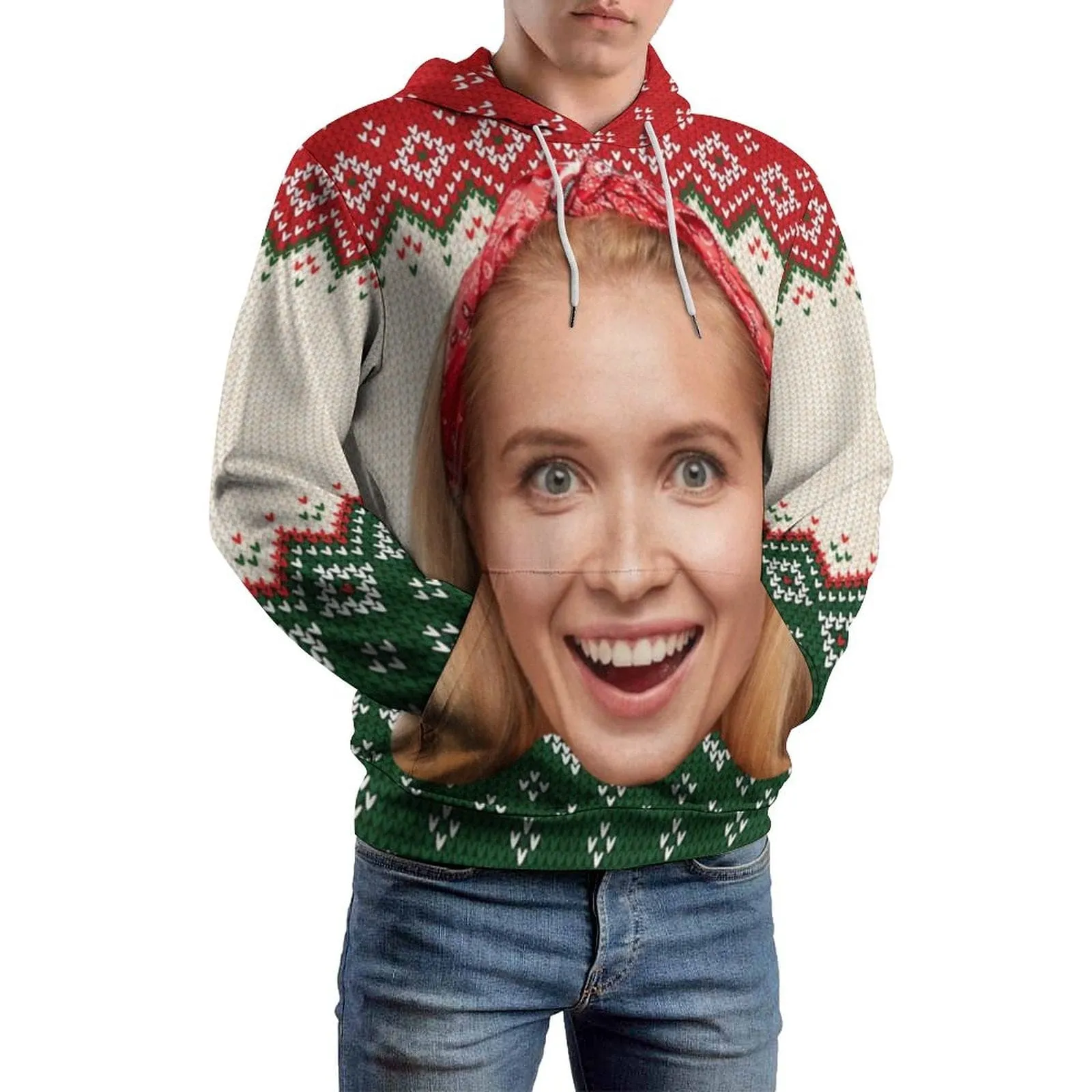 Custom Big Face Ugly Christmas Red&Green Hoodie Unisex Personalized Loose Hoodie Top Outfits