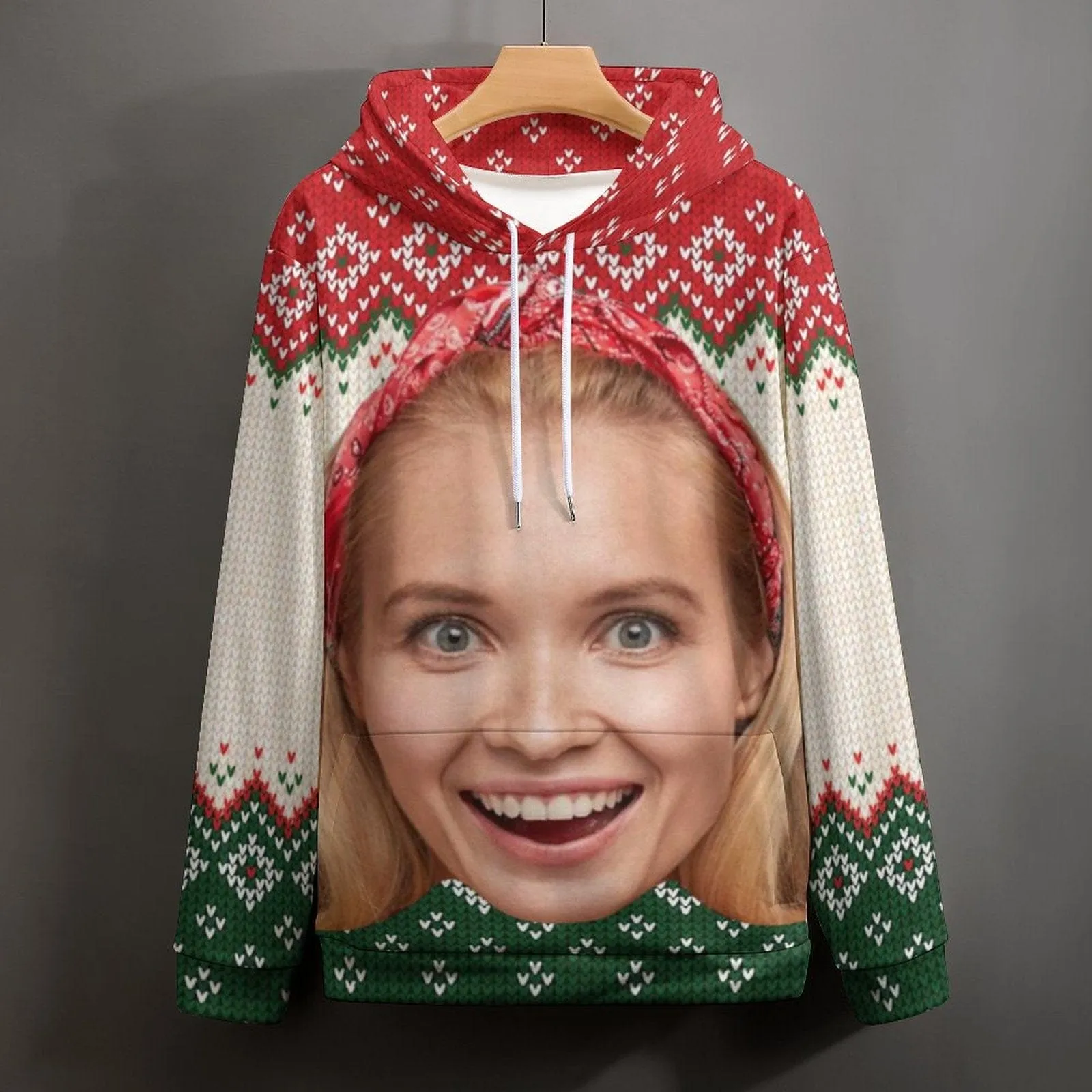 Custom Big Face Ugly Christmas Red&Green Hoodie Unisex Personalized Loose Hoodie Top Outfits