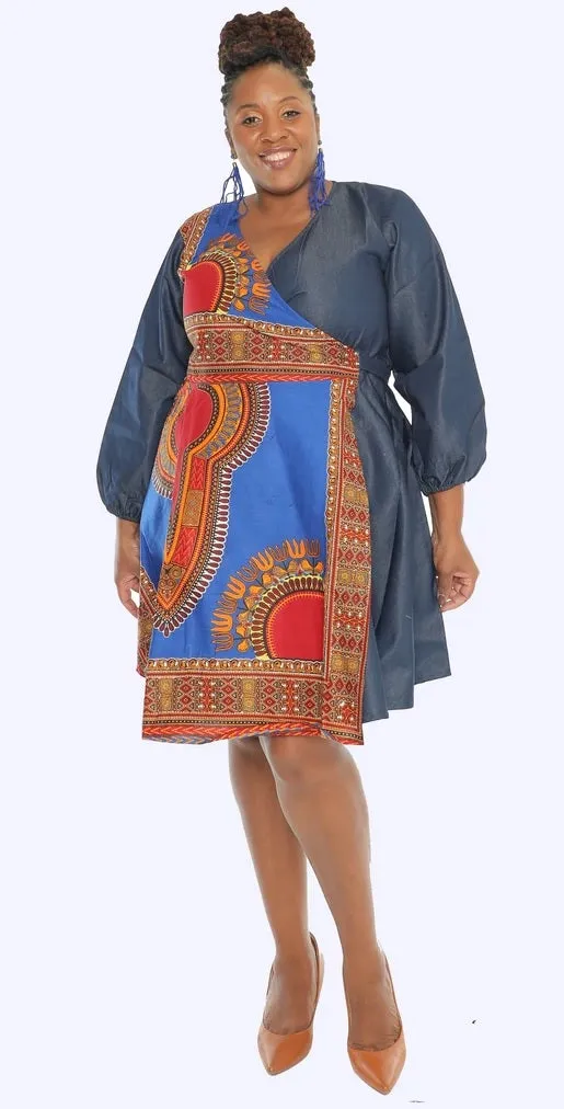 Dashiki Print Wrap Denim Dress