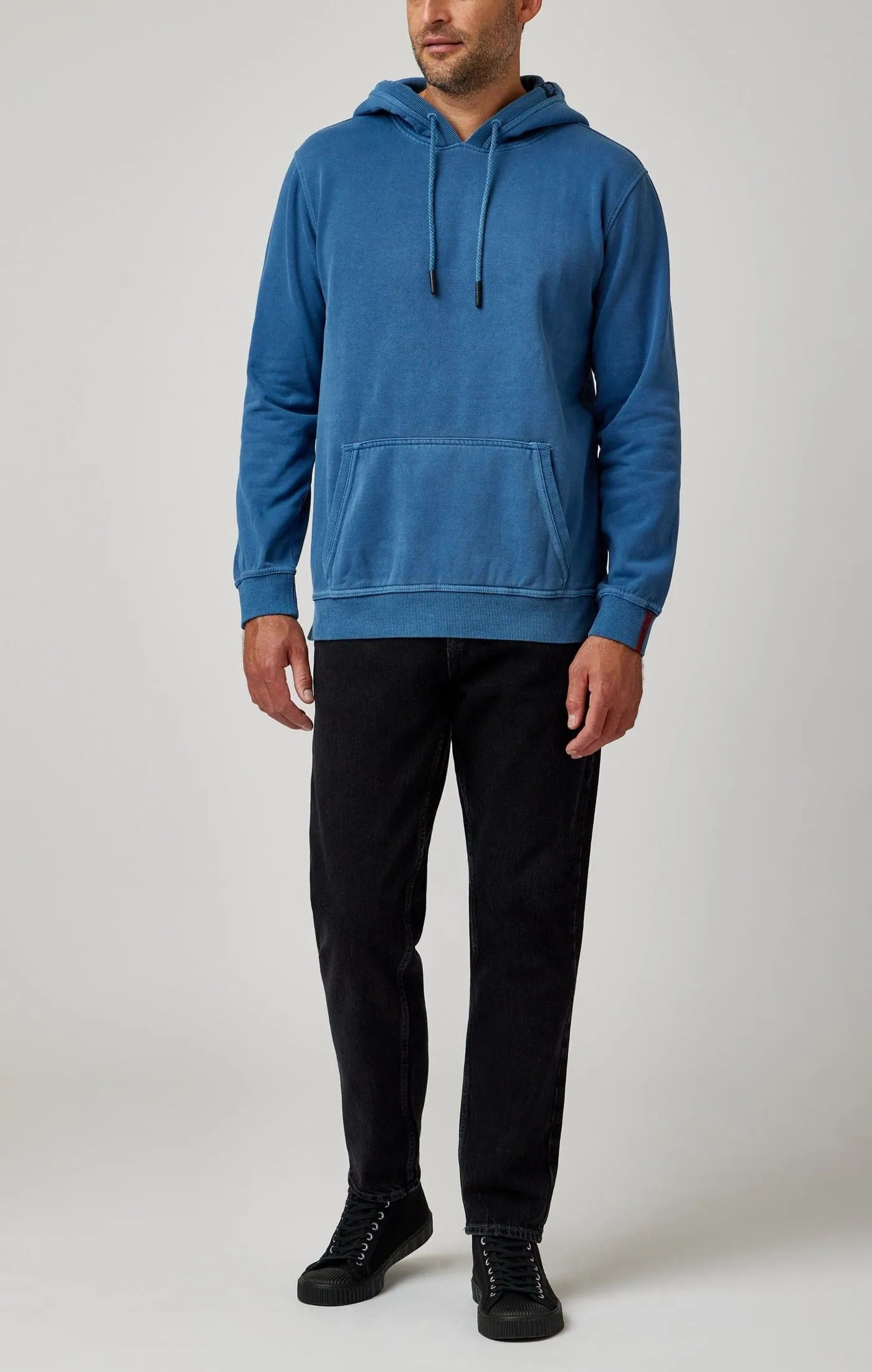 Denim Blue Solid Garment Washed Hoodie