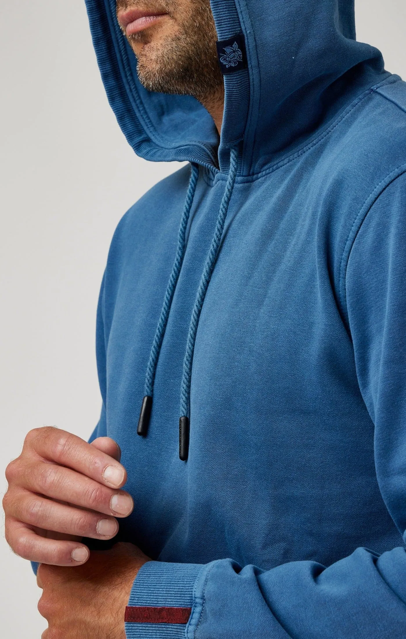 Denim Blue Solid Garment Washed Hoodie