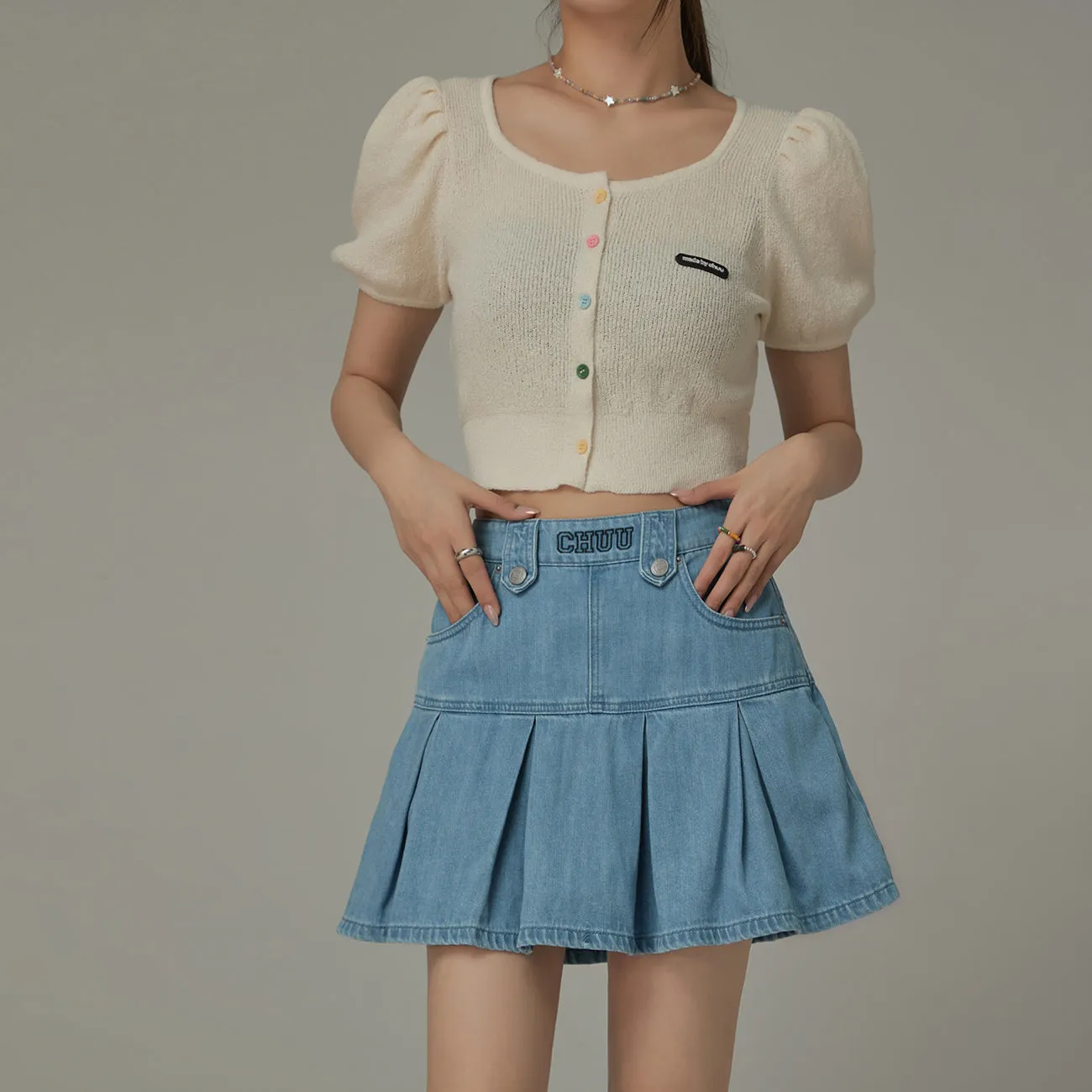 Denim Pleated Zipper Mini Skirt