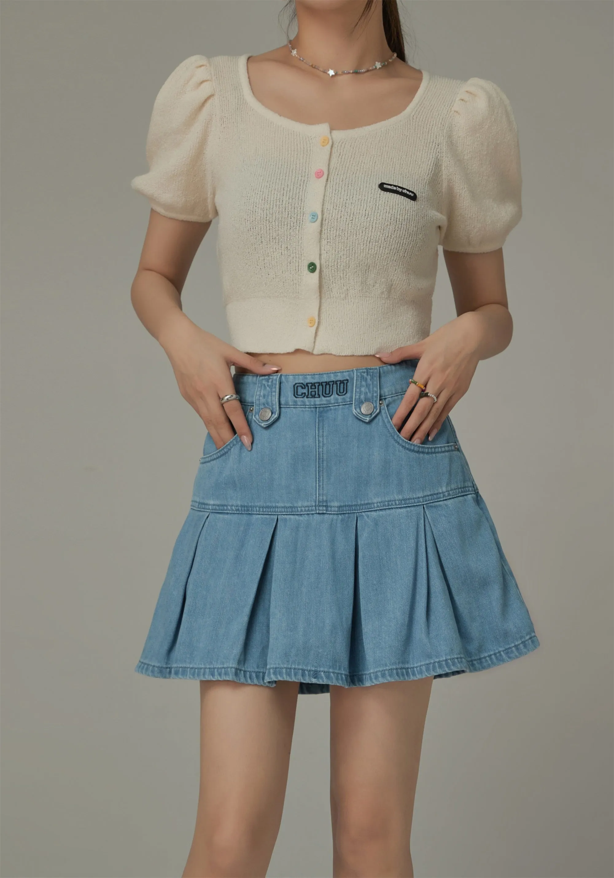 Denim Pleated Zipper Mini Skirt