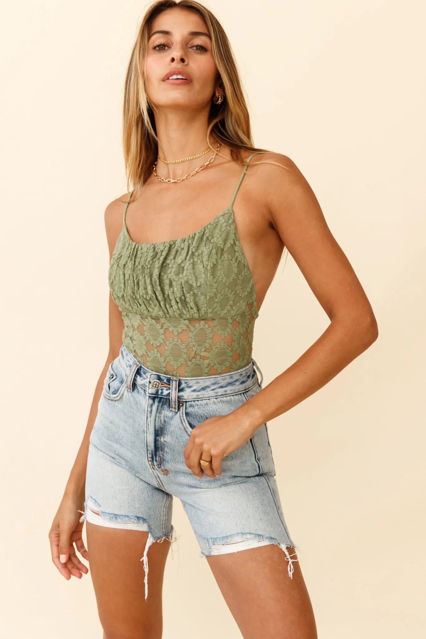 Dirty Dancing Ruched Bust Low-Back Lace Bodysuit Avocado