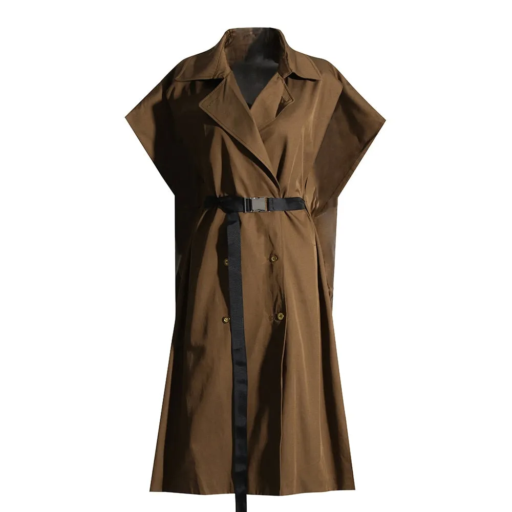 Double Breasted Trench Coat For Women Lapel Sleeveless Sashes Solid Casual WaistCoats Female Clothing Korean