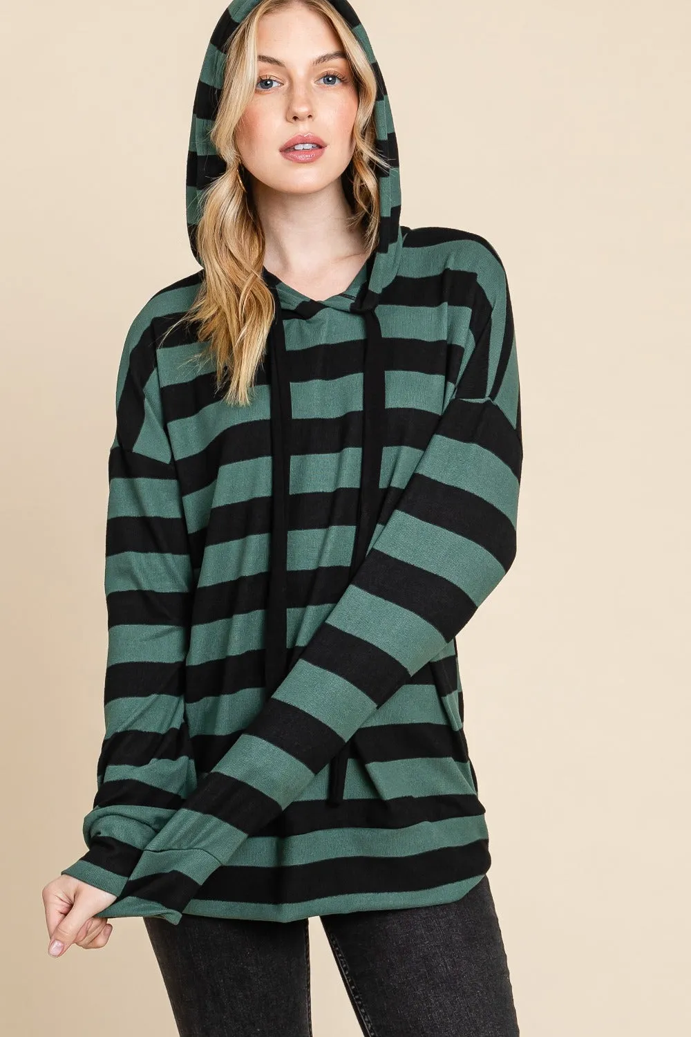 Drawstring Striped Dropped Shoulder Hoodie