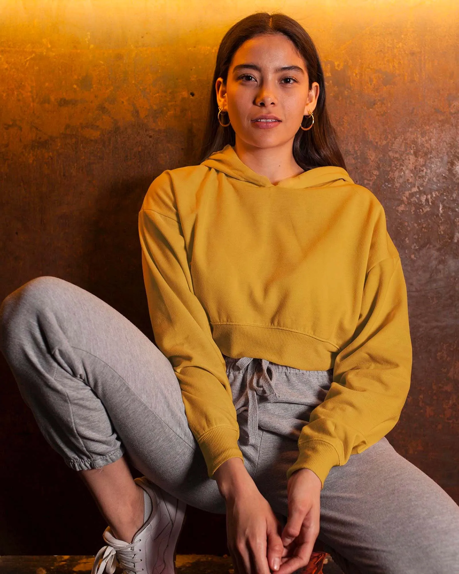 Drop Shoulder Crop Hoodie: Mustard