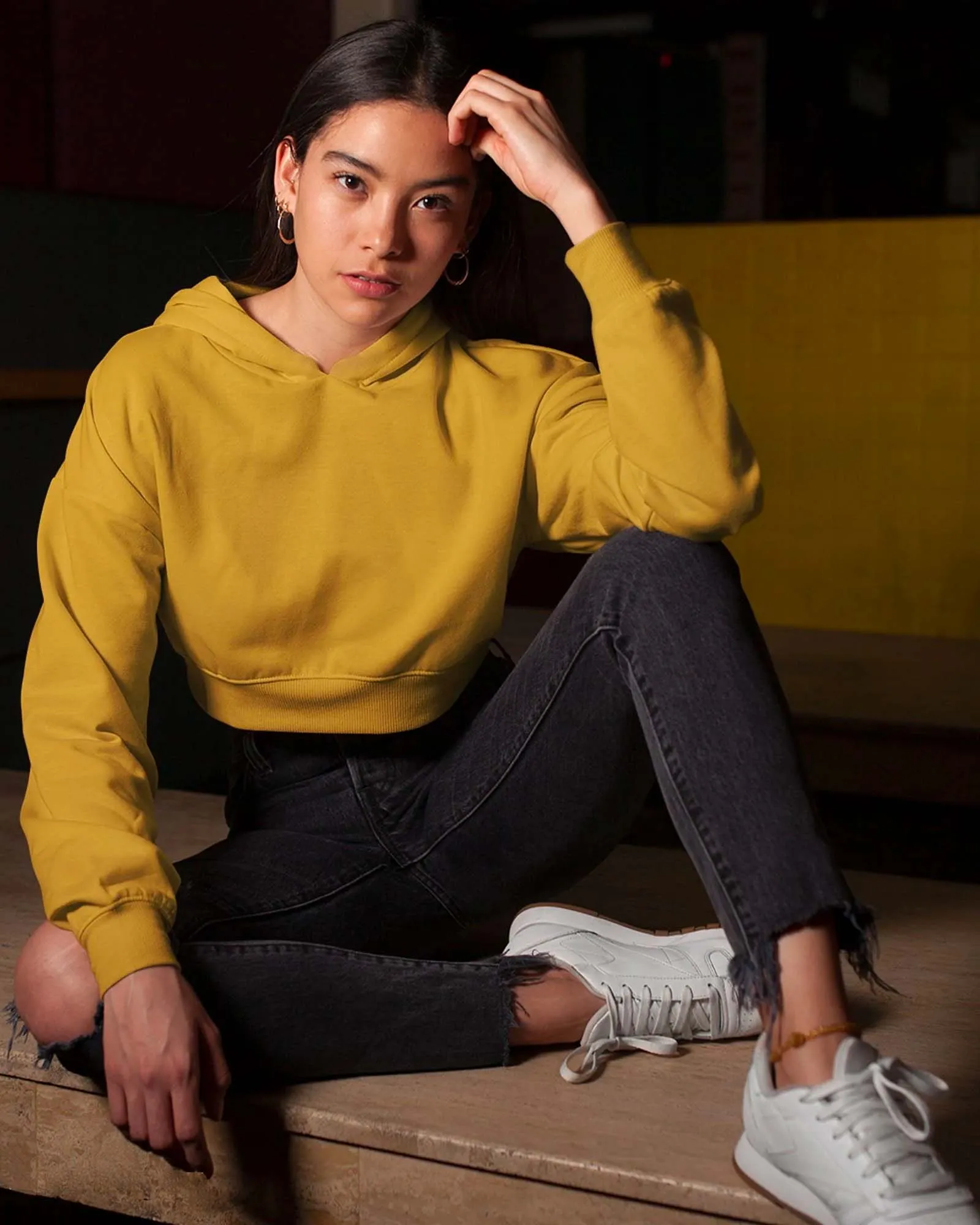 Drop Shoulder Crop Hoodie: Mustard