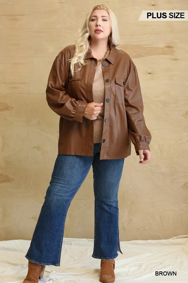 Faux Leather Button Down Shacket With Side Pockets