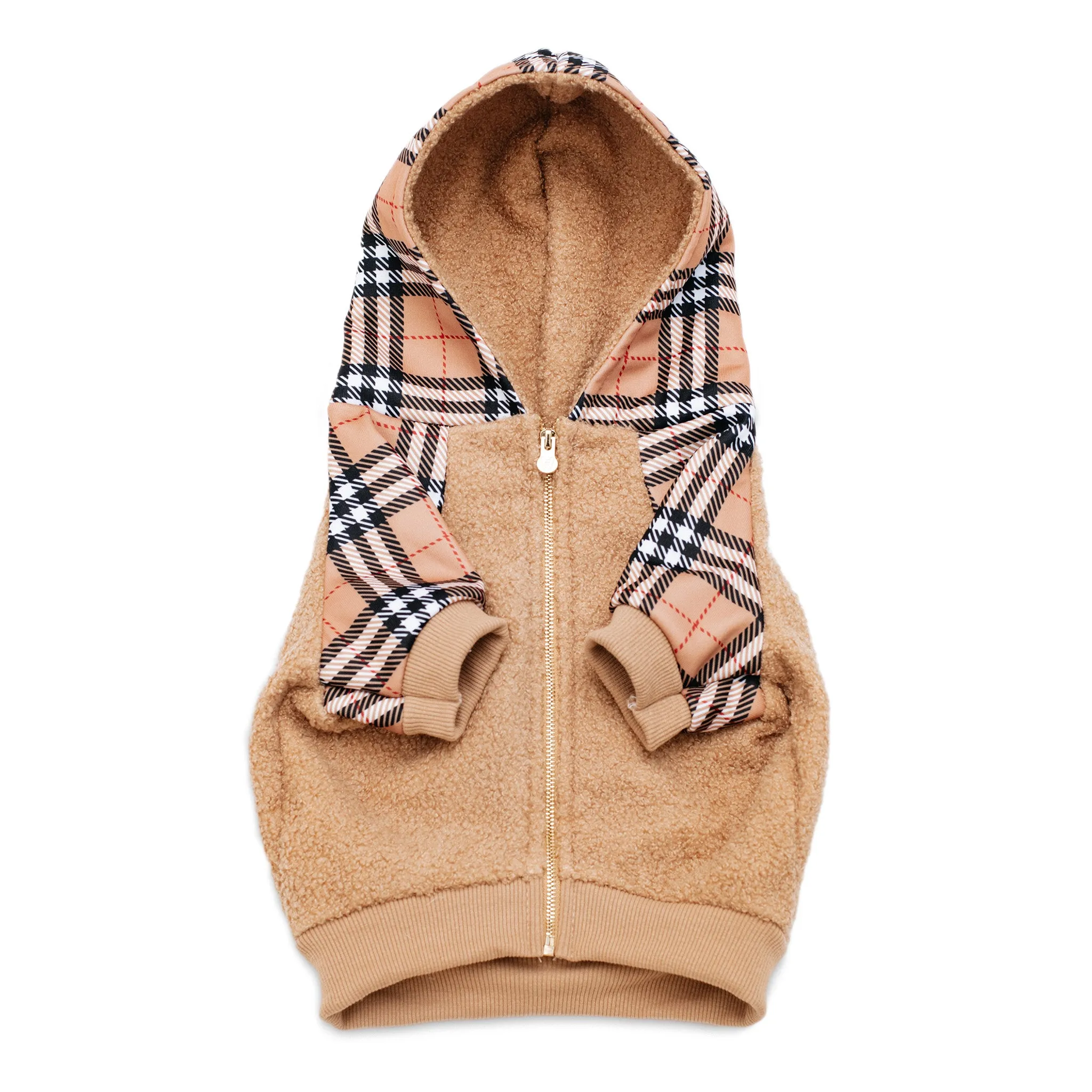 Frenchie Dog Hoodie - Tan Tartan