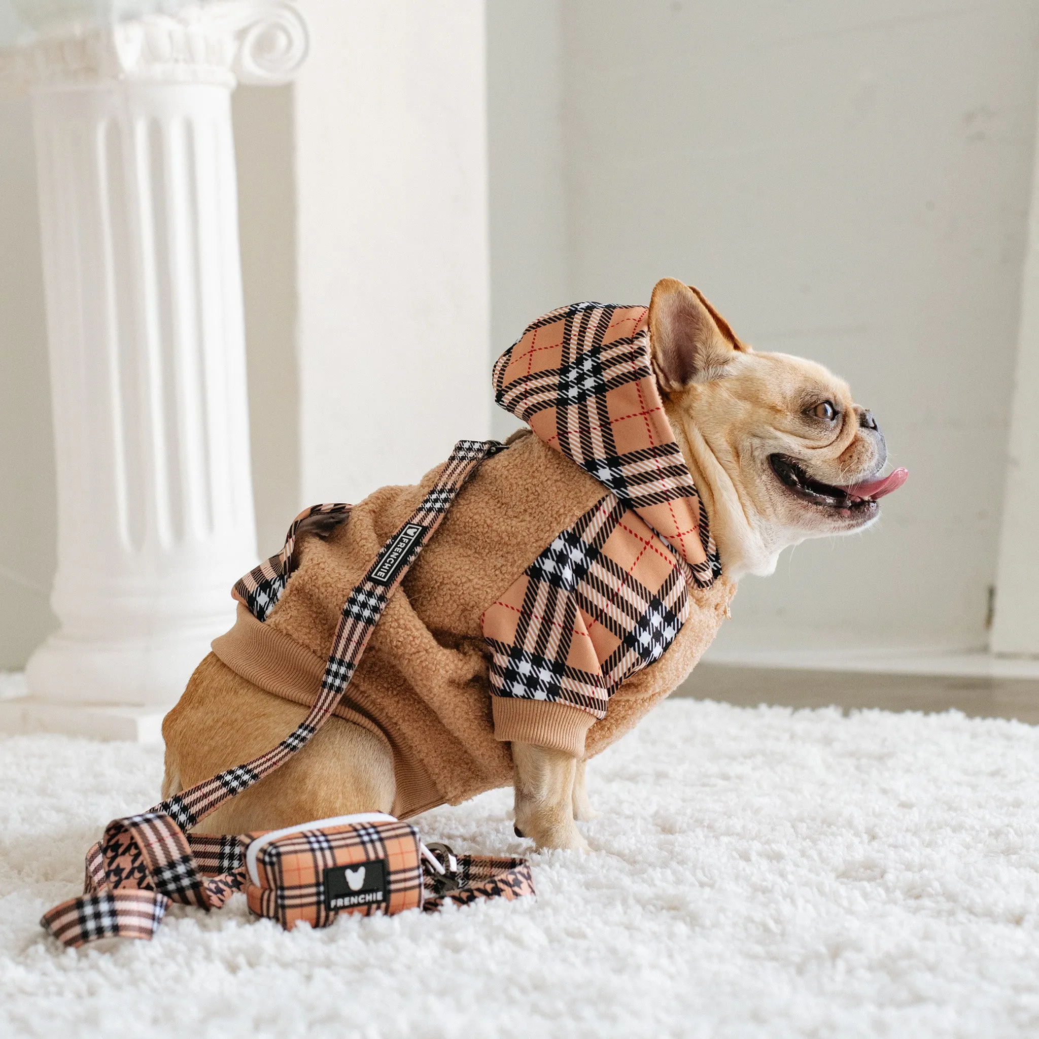 Frenchie Dog Hoodie - Tan Tartan