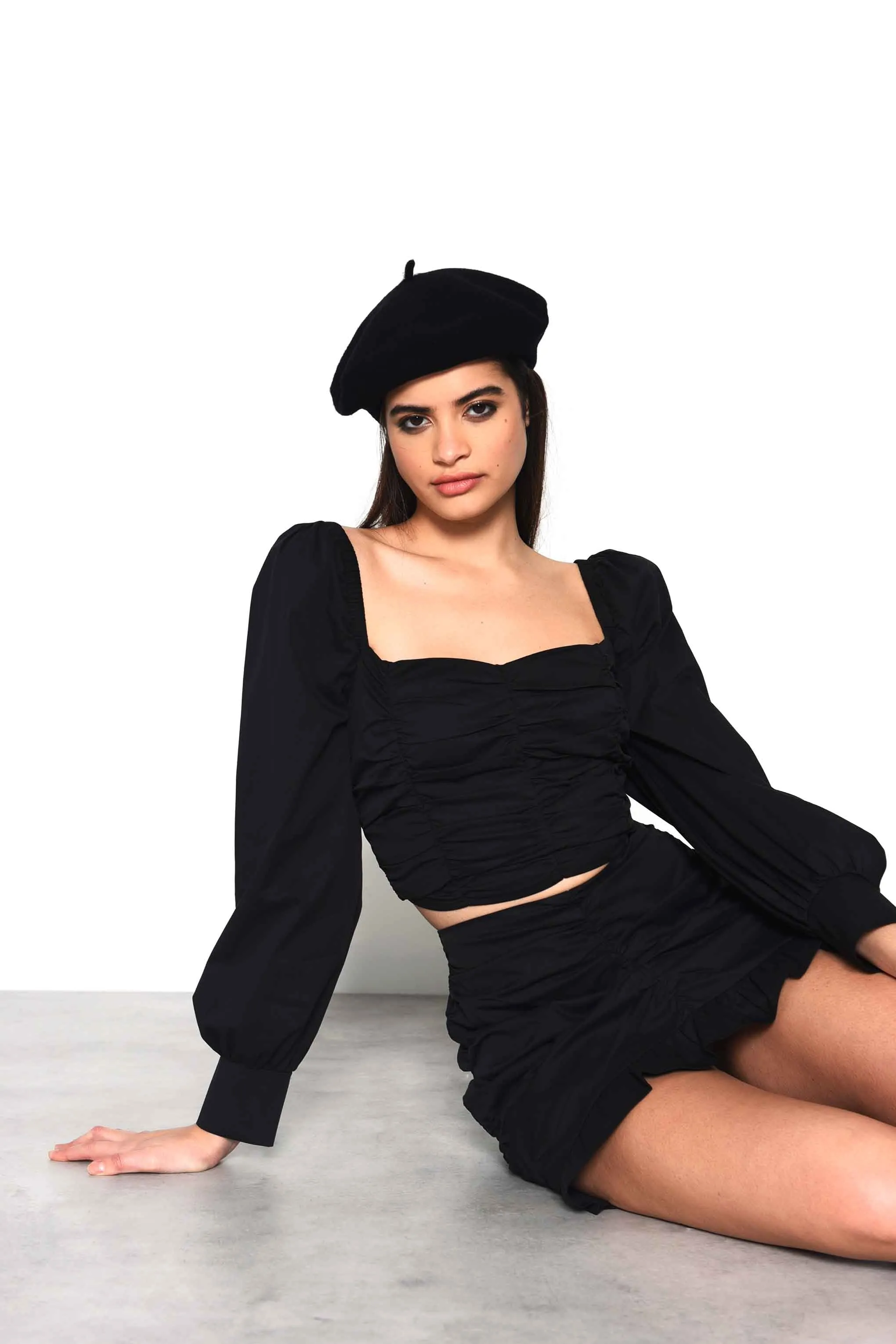 Glamorous Black Ruched Top with Full Length Puff Sleeves