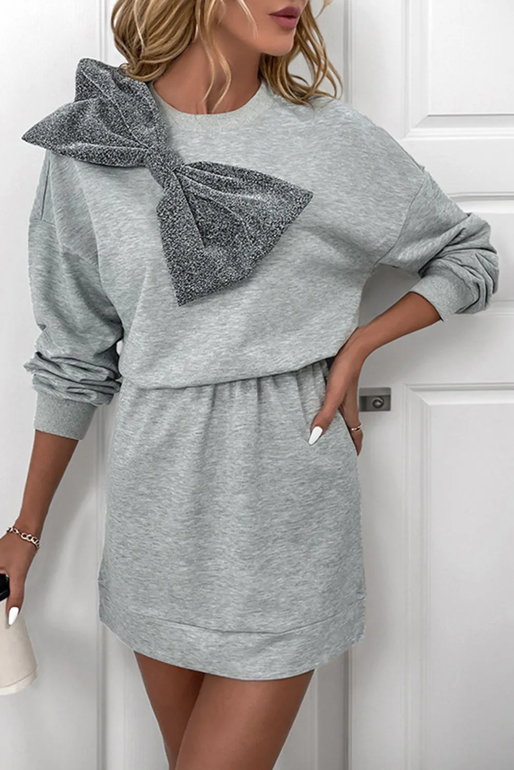 Gray Glitter Bow High Waist Sweatshirt Dress