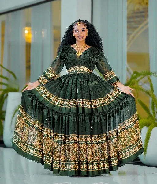 Green Magical Ethiopian Made Chiffon Dress: with Golden Hemline Embellishment Habesha Chiffon