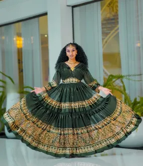 Green Magical Ethiopian Made Chiffon Dress: with Golden Hemline Embellishment Habesha Chiffon