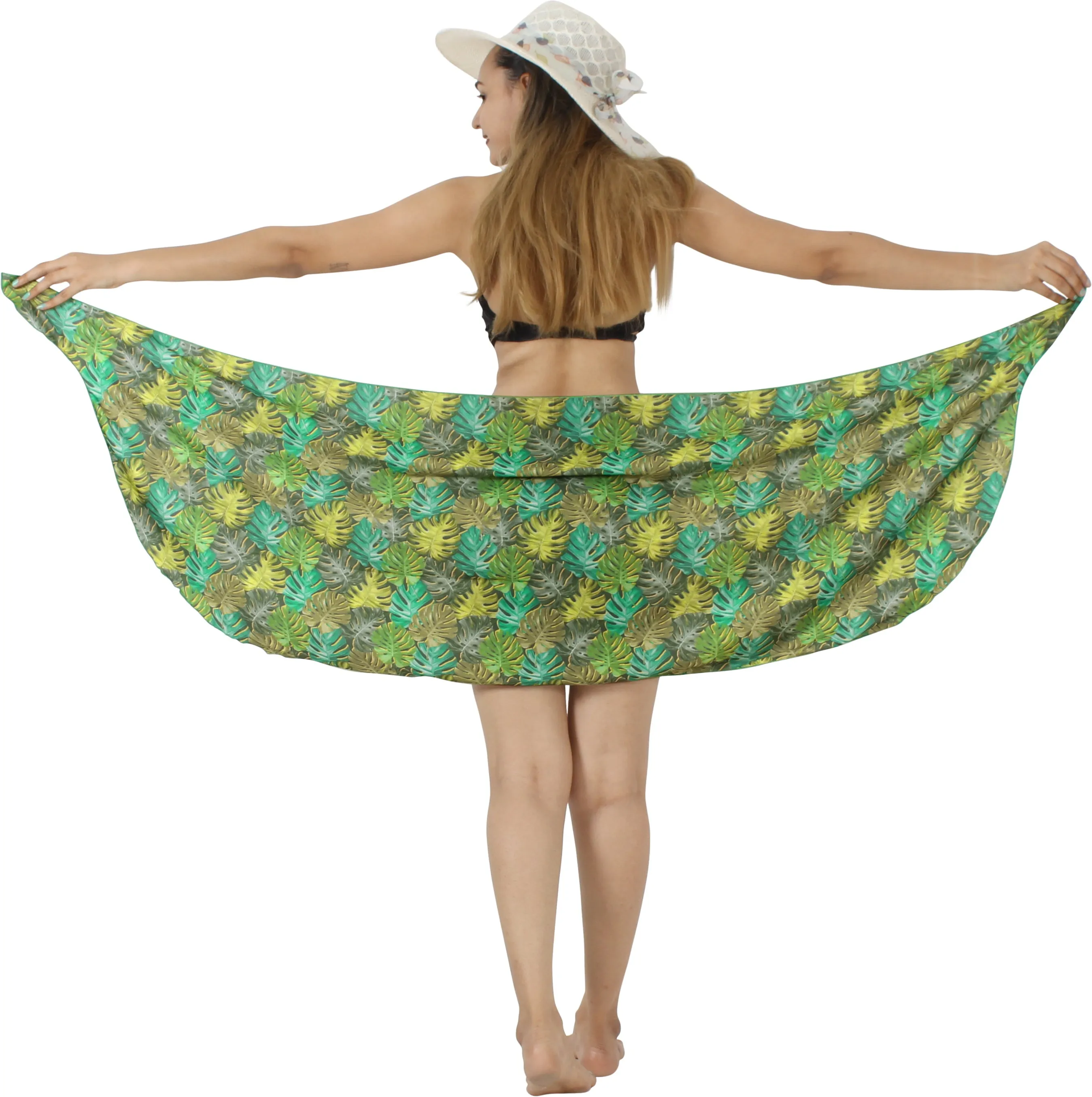 Green Non-Sheer Allover Monstera Leaves Print Half Beach Wrap For Women