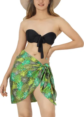 Green Non-Sheer Allover Monstera Leaves Print Half Beach Wrap For Women