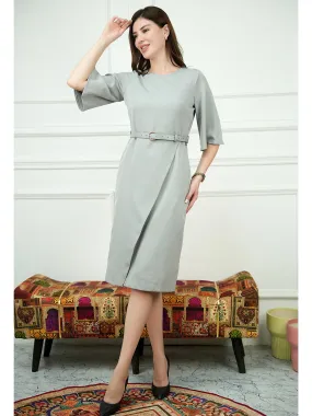 Grey Blended Fabric Bliss Bell Sleeve Dress With Belt