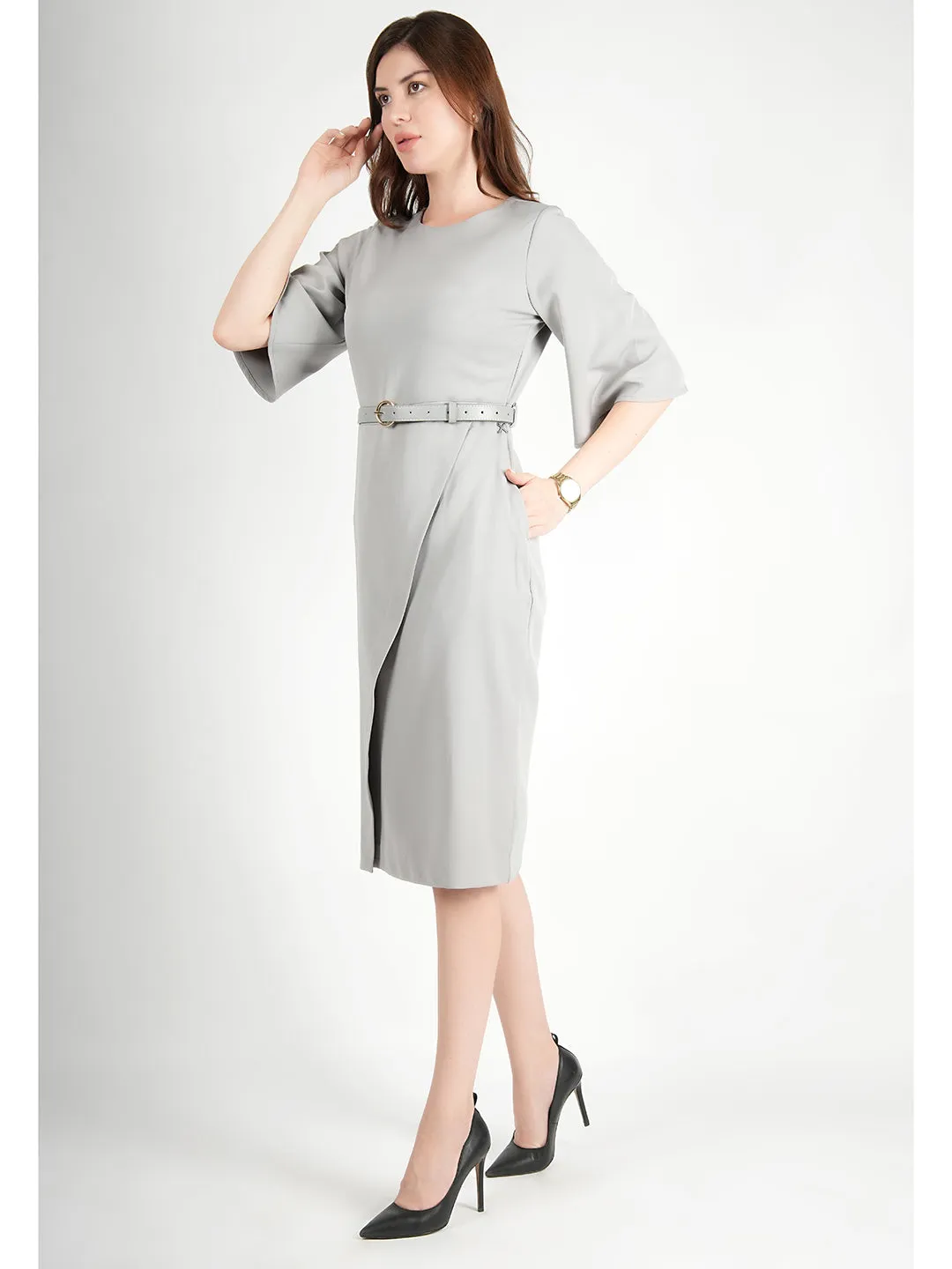 Grey Blended Fabric Bliss Bell Sleeve Dress With Belt