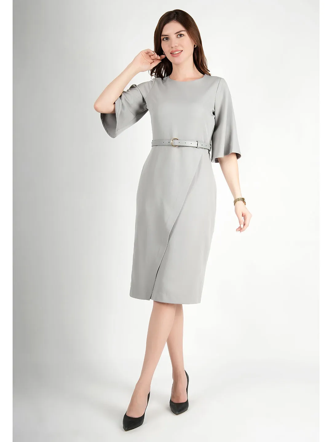 Grey Blended Fabric Bliss Bell Sleeve Dress With Belt