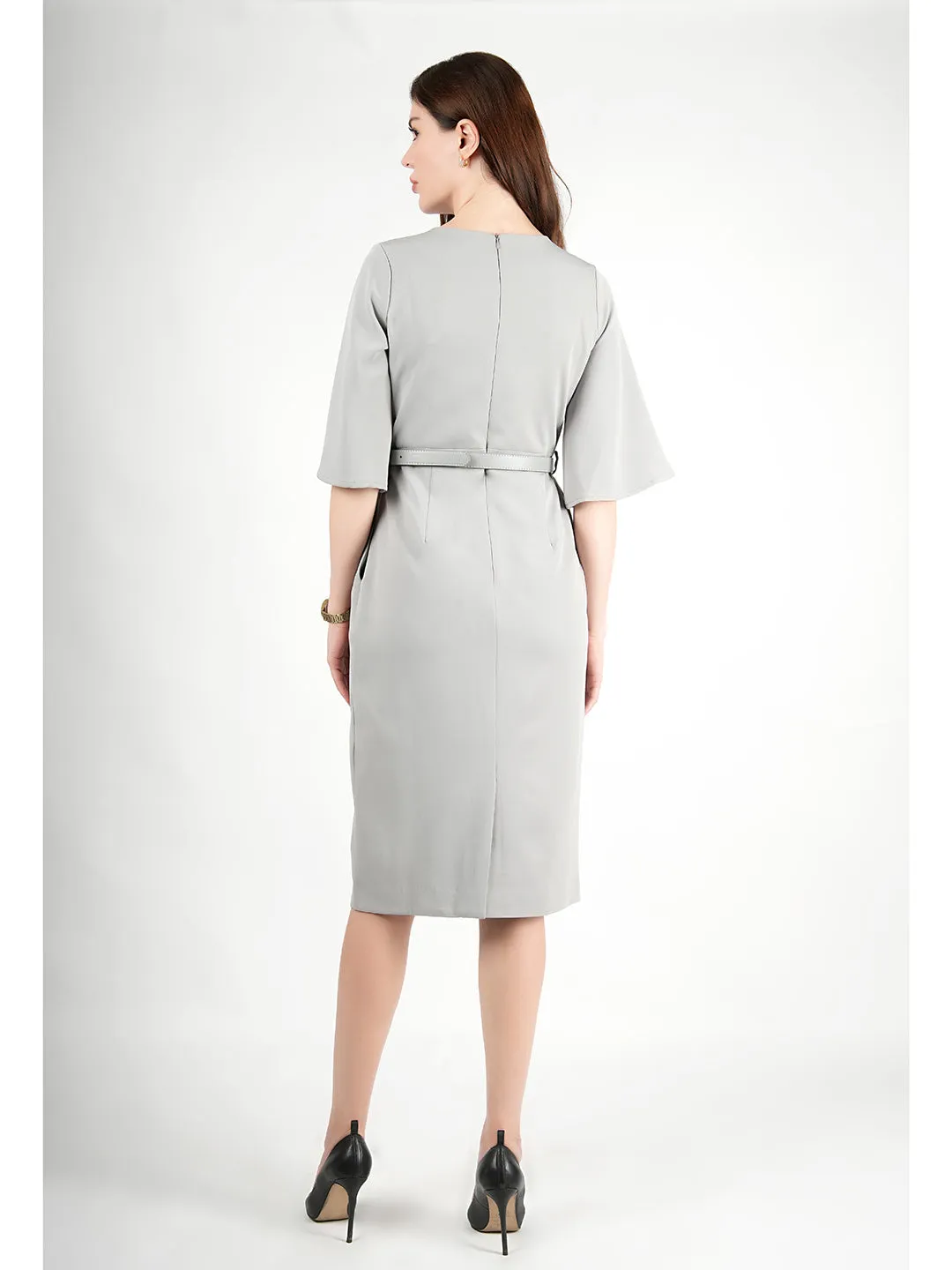 Grey Blended Fabric Bliss Bell Sleeve Dress With Belt