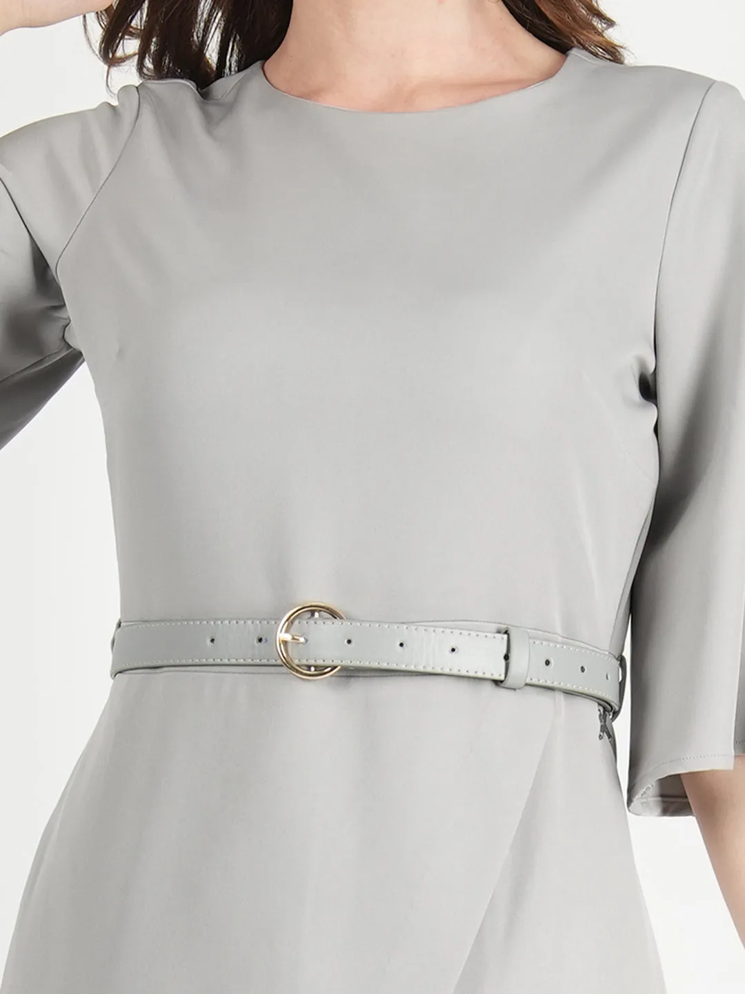 Grey Blended Fabric Bliss Bell Sleeve Dress With Belt