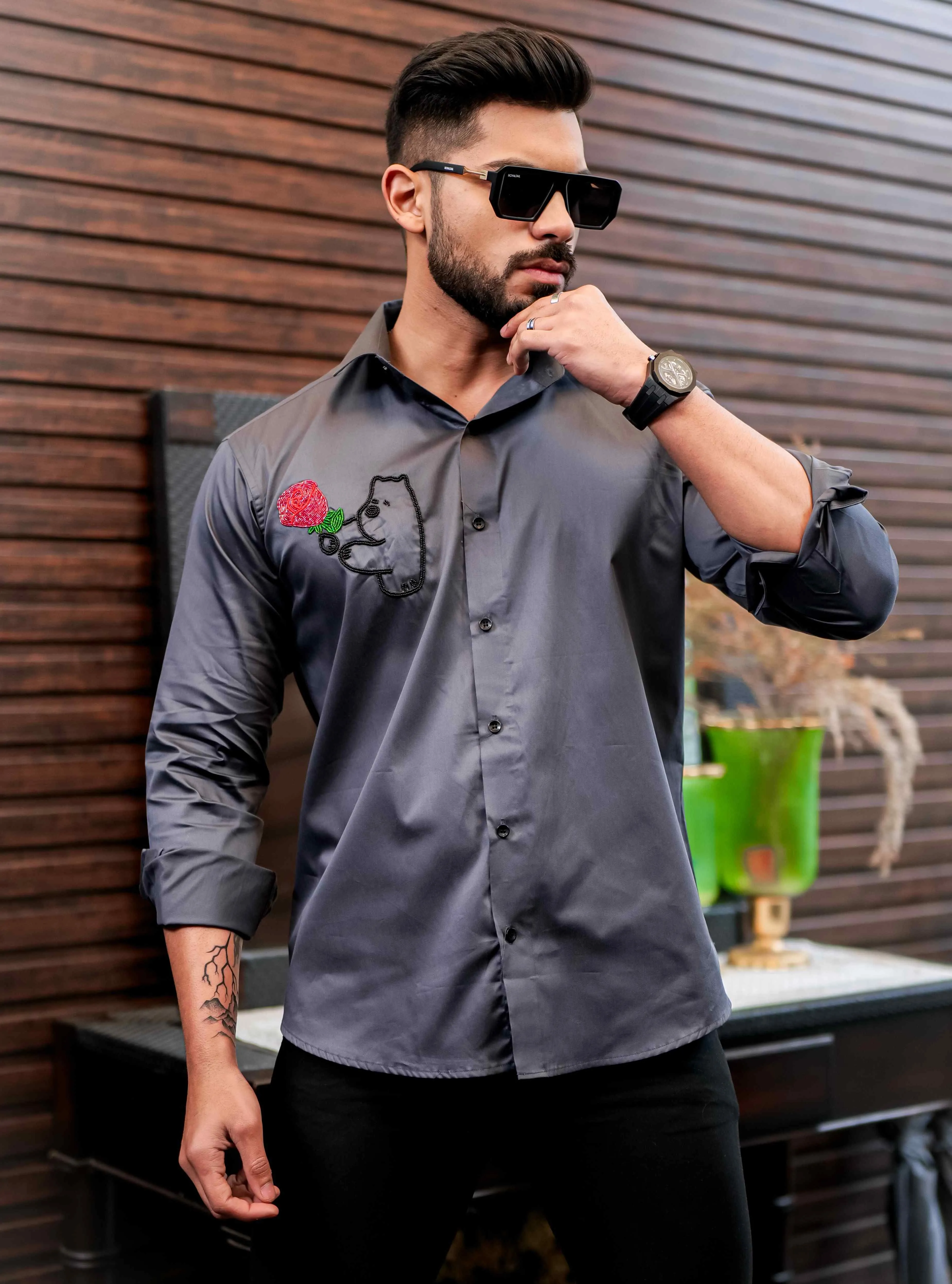 Grey Rhinestone Hand Work Party Satin Cotton Premium Shirt