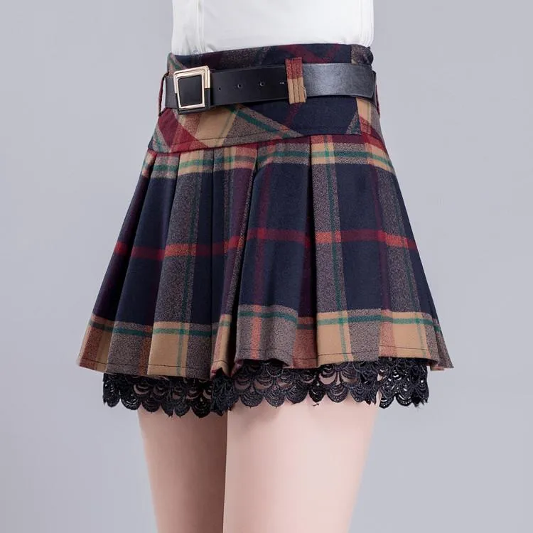 Grid Pleated Woolen Skirt AD10133