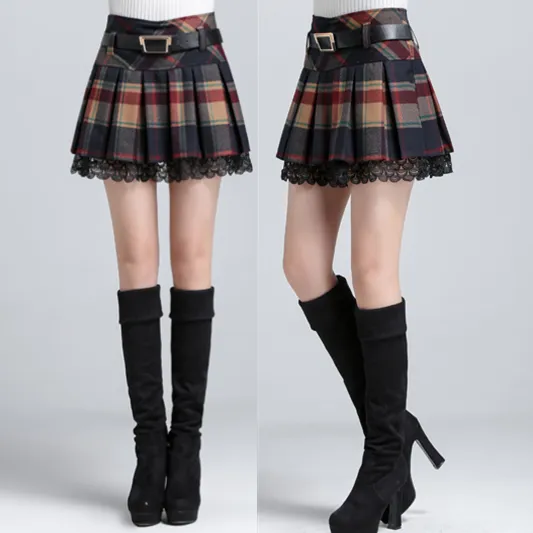 Grid Pleated Woolen Skirt AD10133