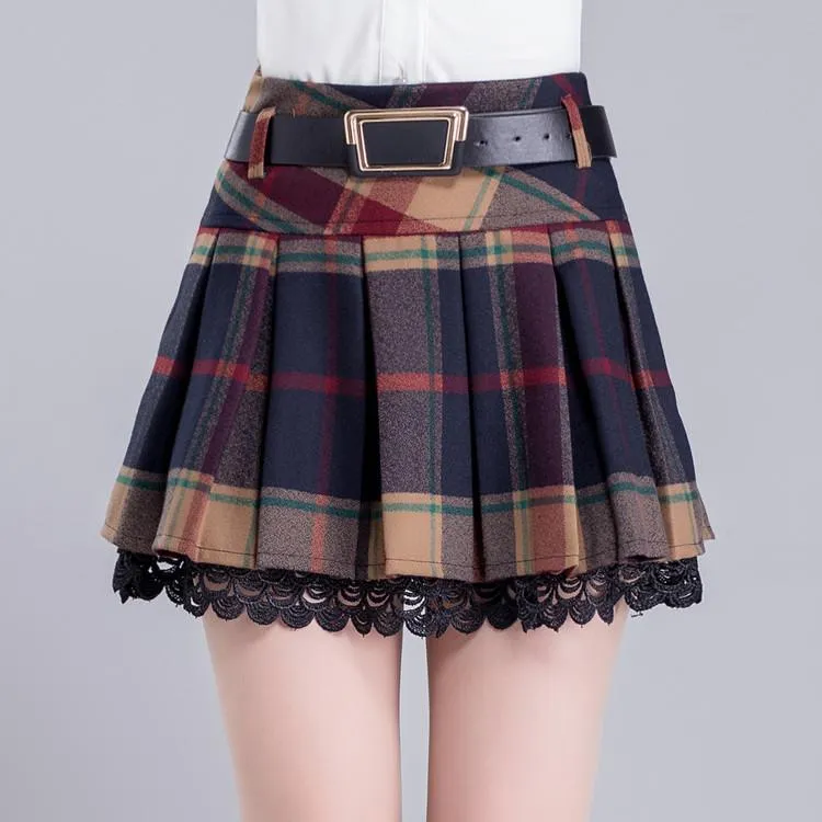 Grid Pleated Woolen Skirt AD10133