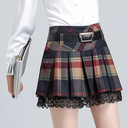 Grid Pleated Woolen Skirt AD10133