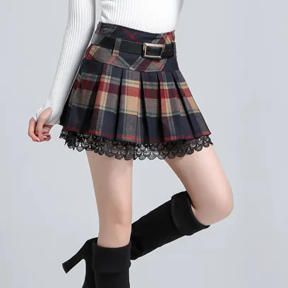 Grid Pleated Woolen Skirt AD10133