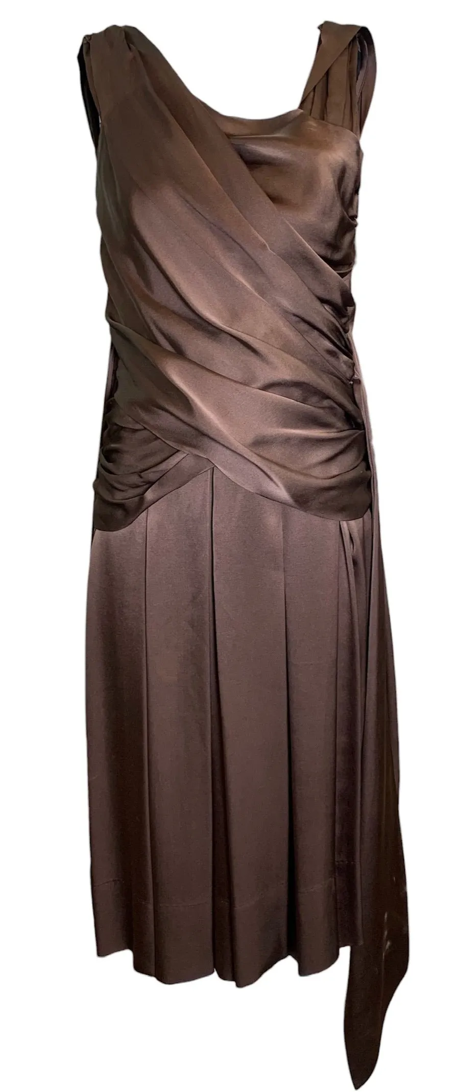 Hardy Amies 50s Chocolate Brown Silk Satin Goddess  Cocktail Dress