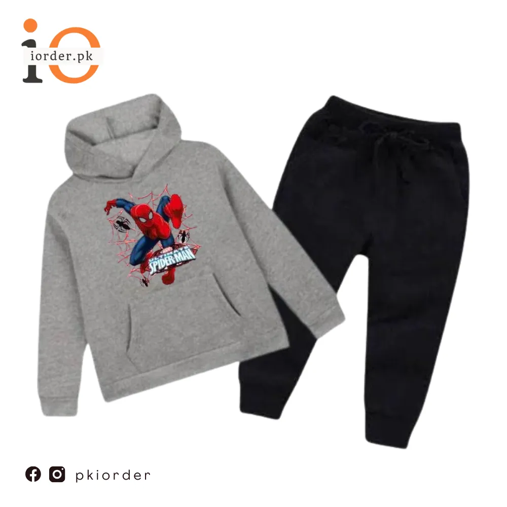 Hazel Grey Spiderman Printed Kids Hoodie Set