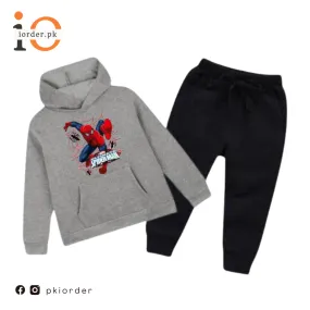 Hazel Grey Spiderman Printed Kids Hoodie Set