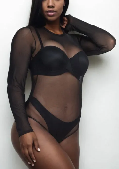 Hi Curvy Plus Size Women Sexy Sheer Mesh Long Sleeve Bodysuit