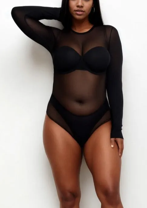 Hi Curvy Plus Size Women Sexy Sheer Mesh Long Sleeve Bodysuit