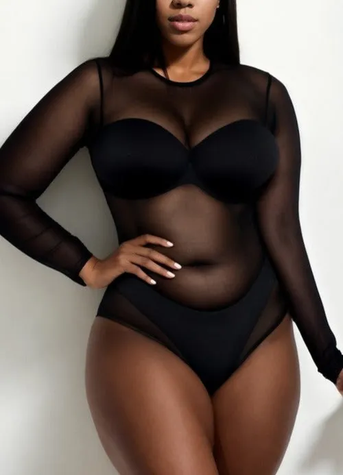 Hi Curvy Plus Size Women Sexy Sheer Mesh Long Sleeve Bodysuit