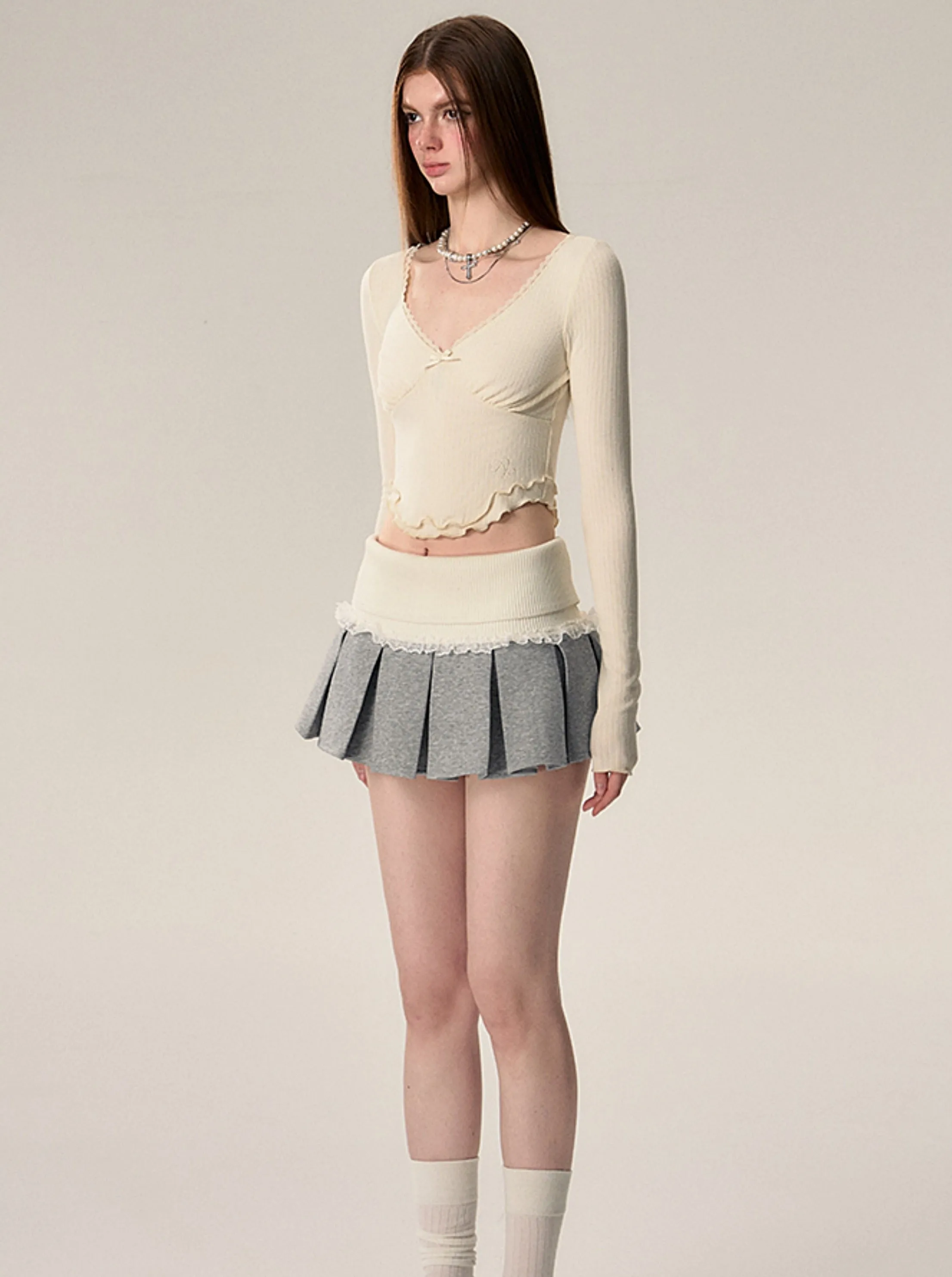 High Waist Knitted Lace Spliced Pleated Skirt